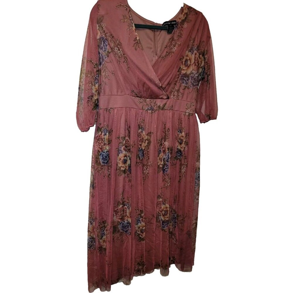 Candalite Petite XL Romantic Mauve Floral Maxi Dress Sheer Overlay 3/4 Sleeve